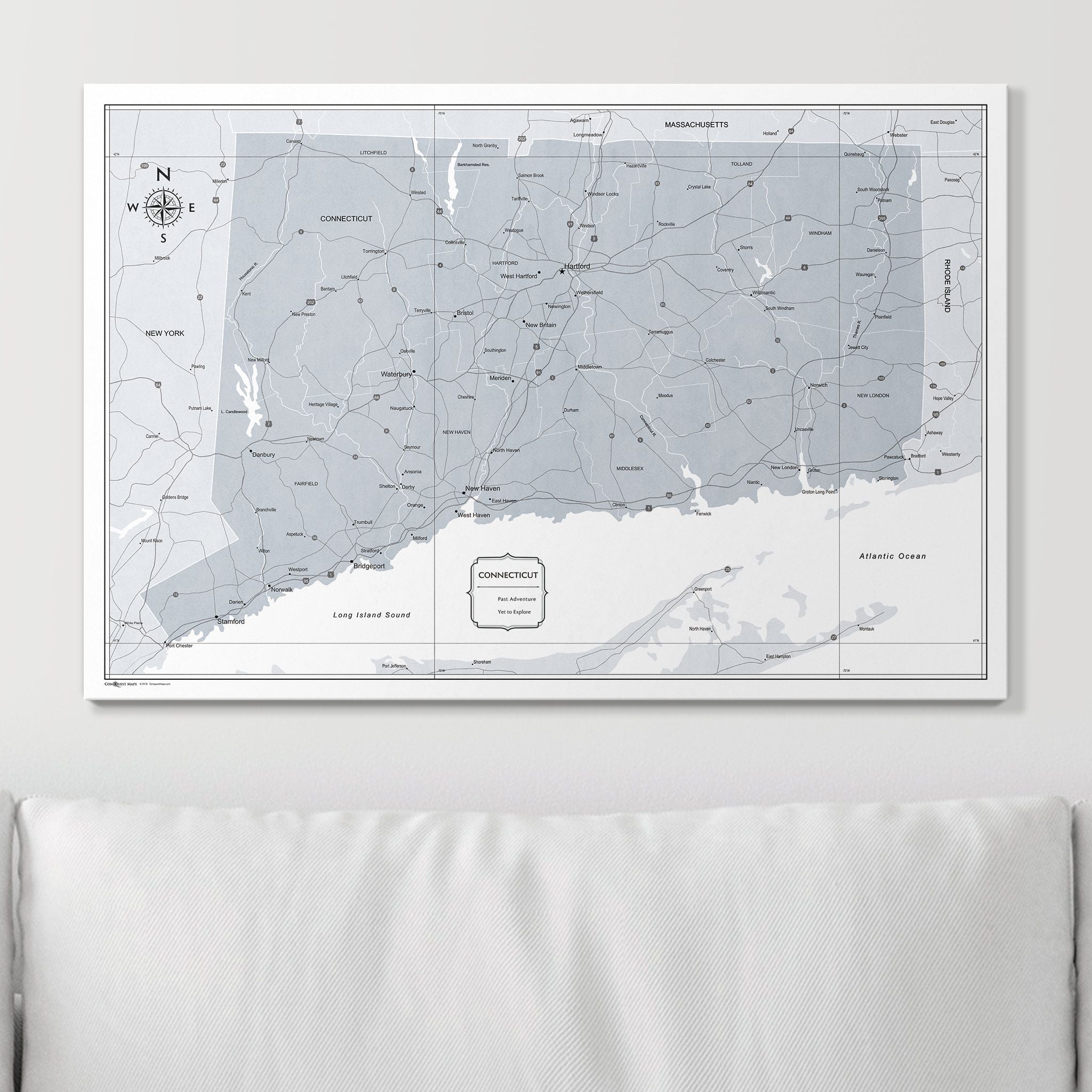 Push Pin Connecticut Map (Pin Board) - Light Gray Color Splash CM Pin Board