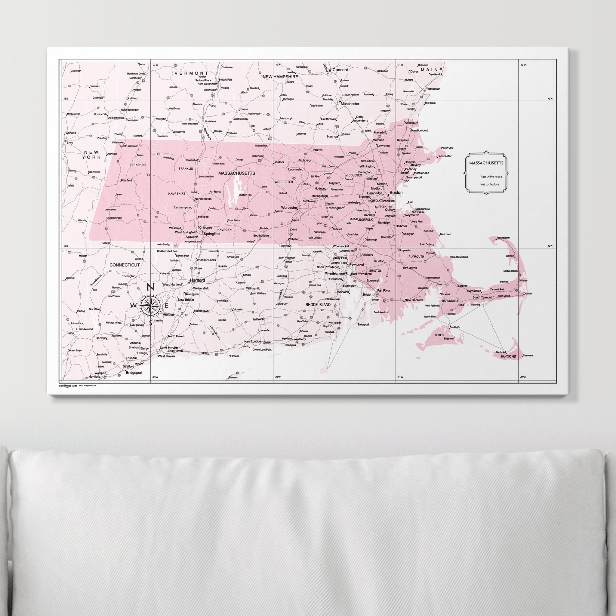 Push Pin Massachusetts Map (Pin Board) - Pink Color Splash CM Pin Board