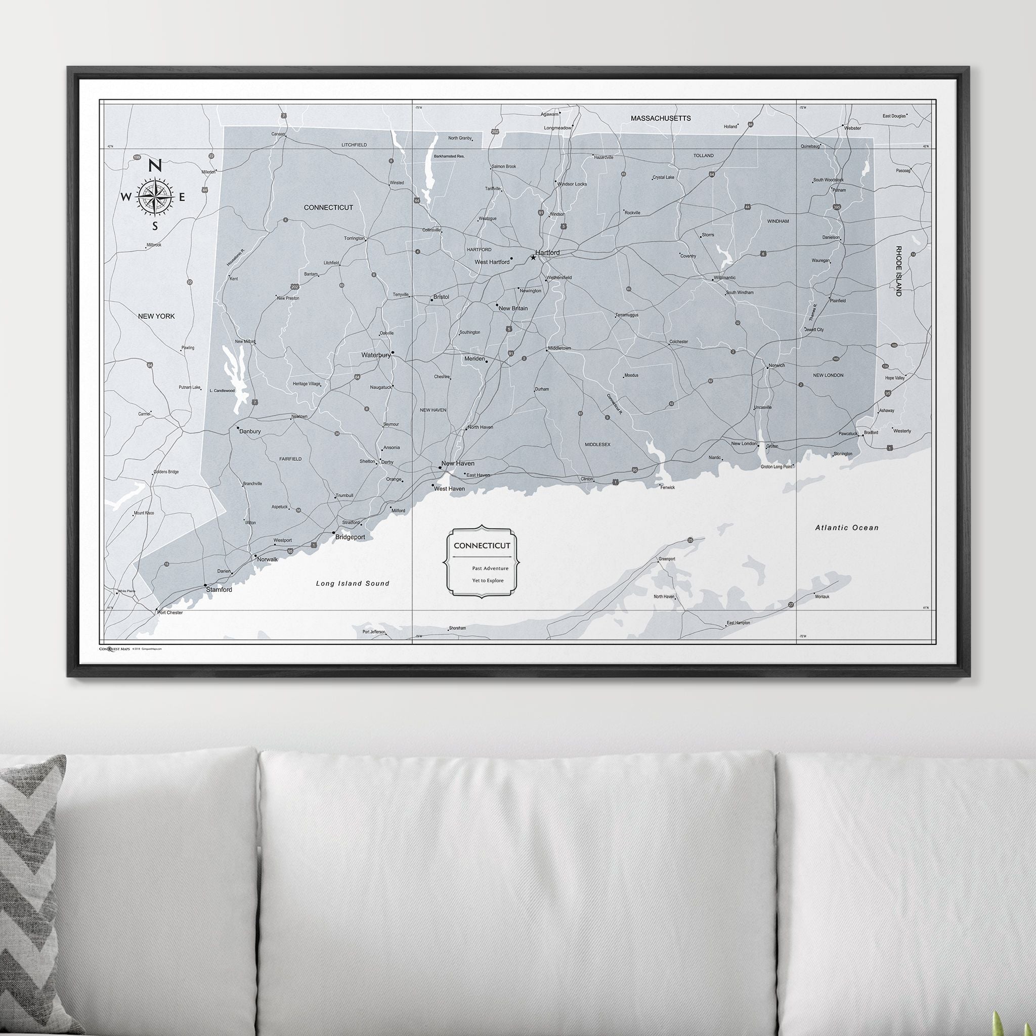 Push Pin Connecticut Map (Pin Board) - Light Gray Color Splash CM Pin Board
