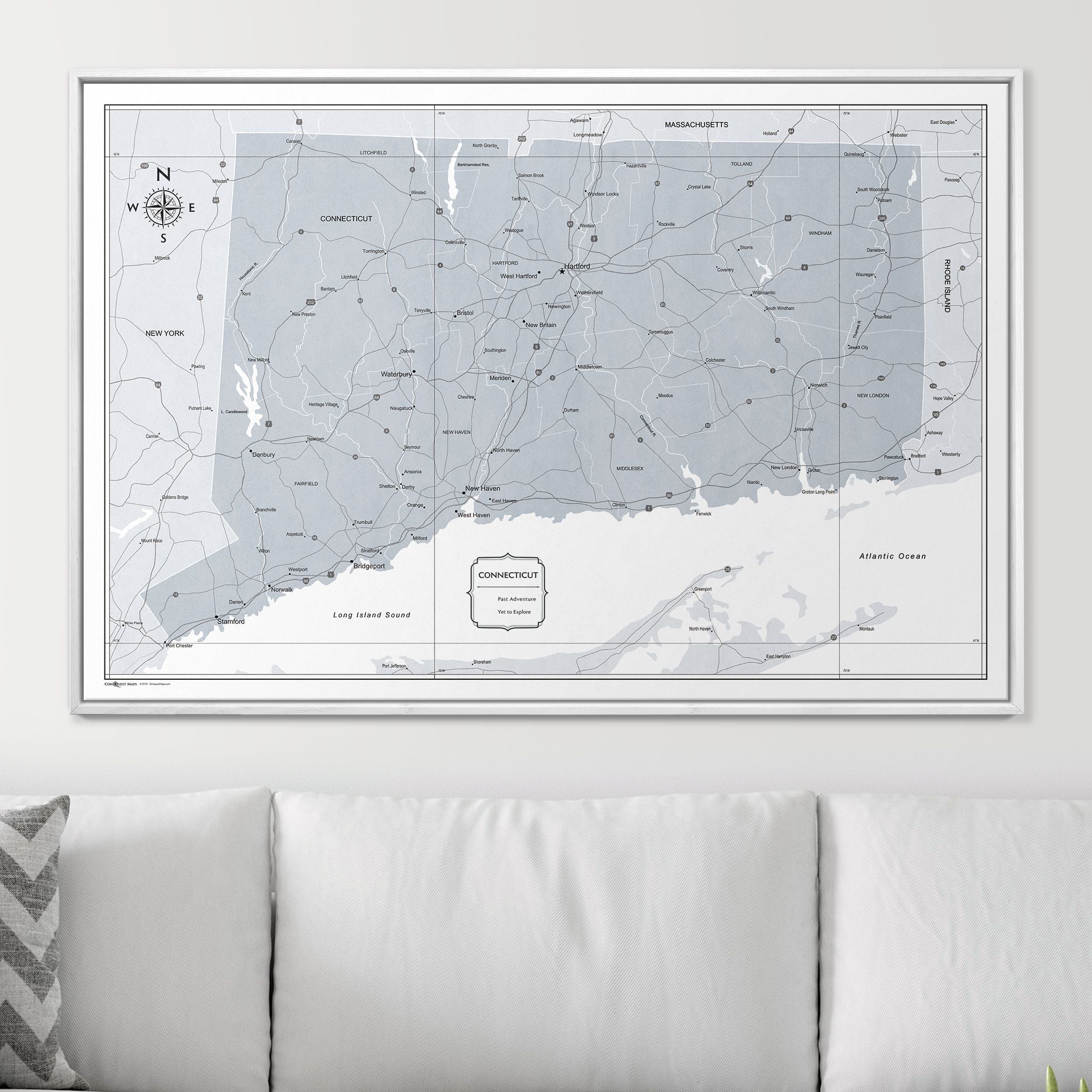 Push Pin Connecticut Map (Pin Board) - Light Gray Color Splash CM Pin Board