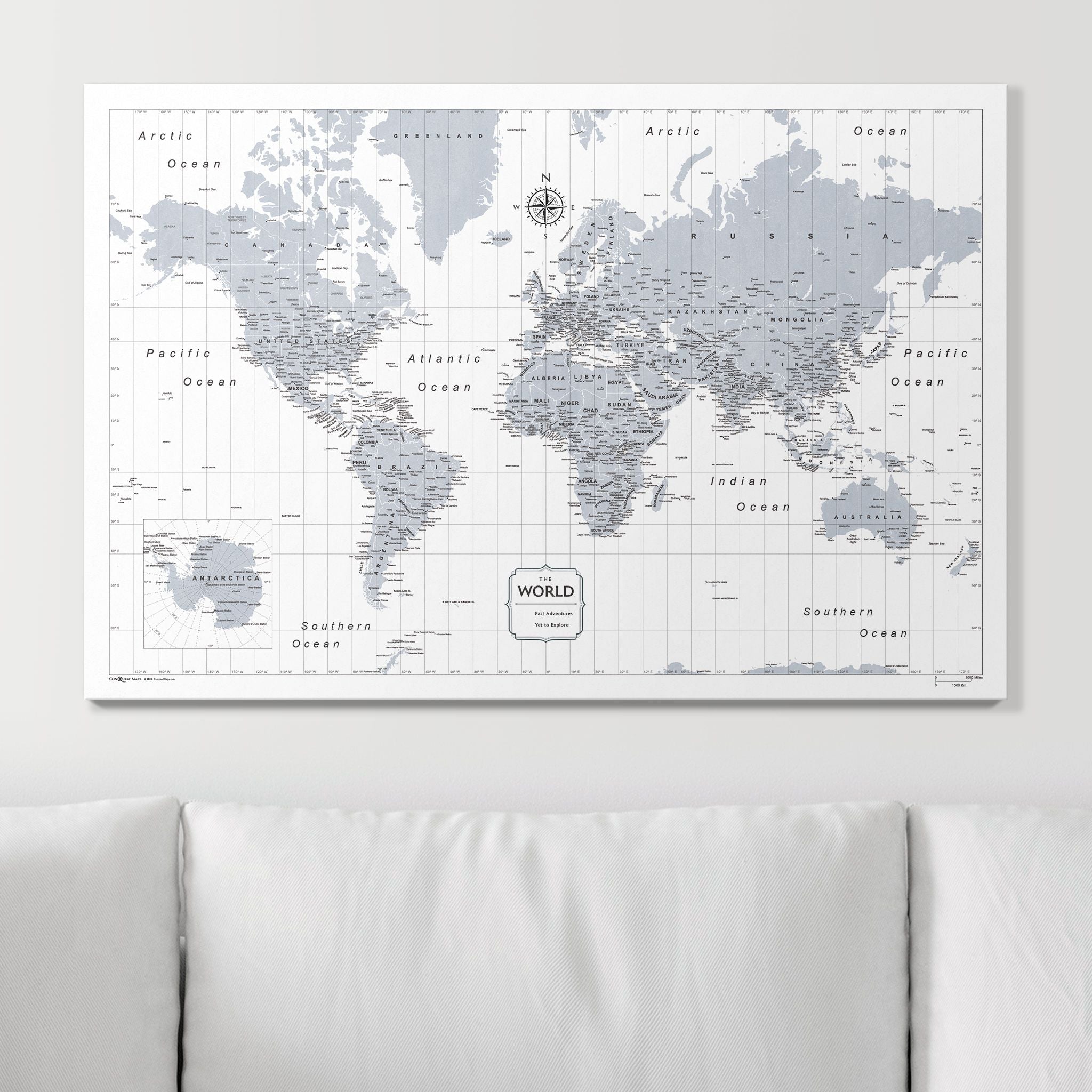 Push Pin World Map - Light Gray Color Splash CM Pin Board