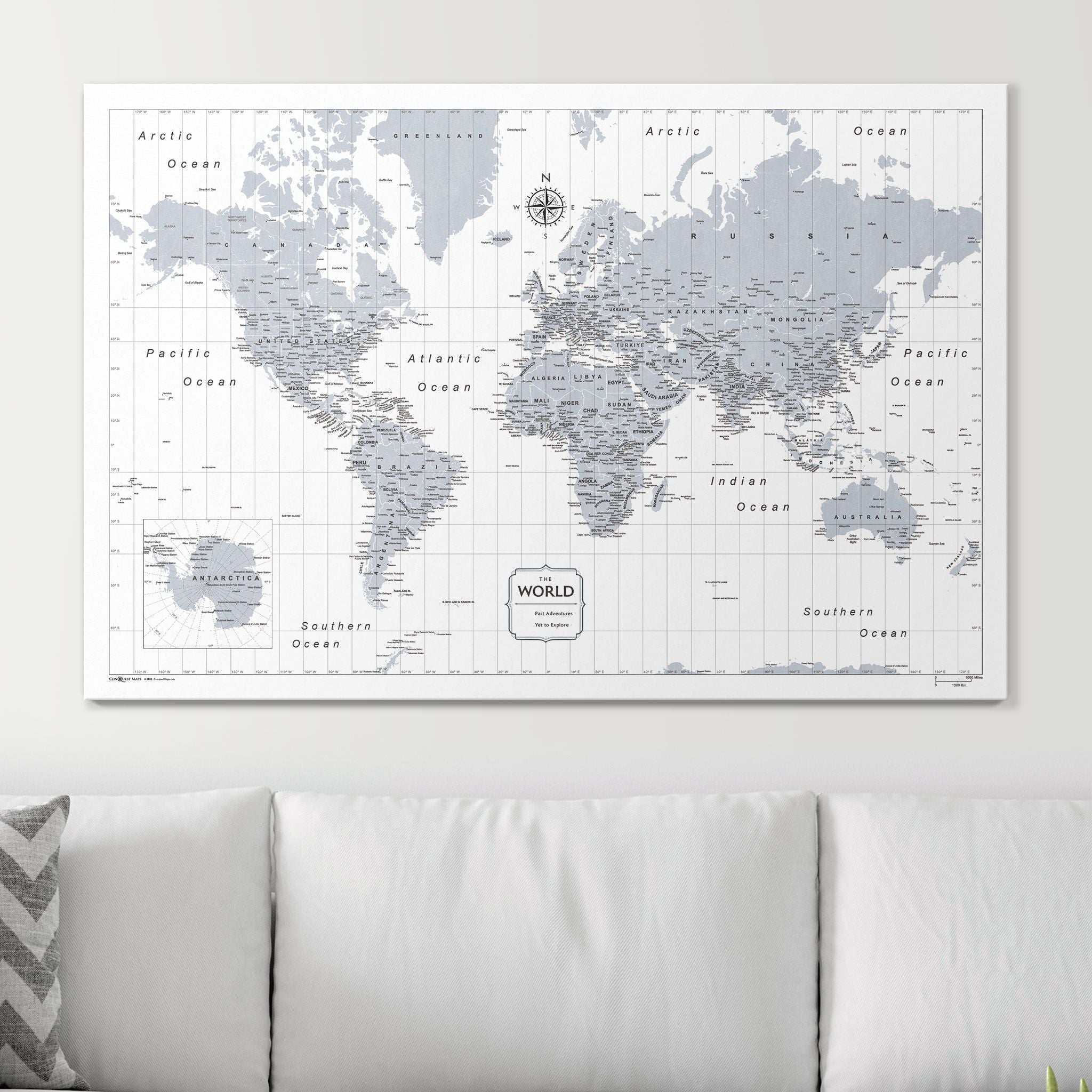 Push Pin World Map - Light Gray Color Splash CM Pin Board
