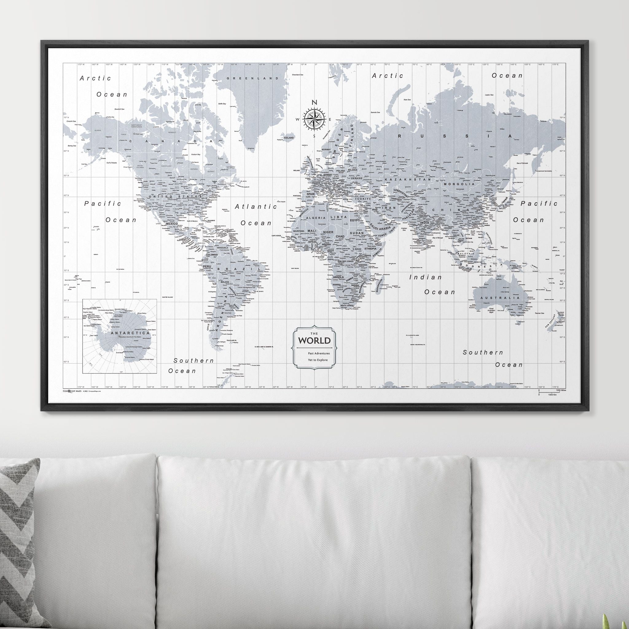Push Pin World Map - Light Gray Color Splash CM Pin Board