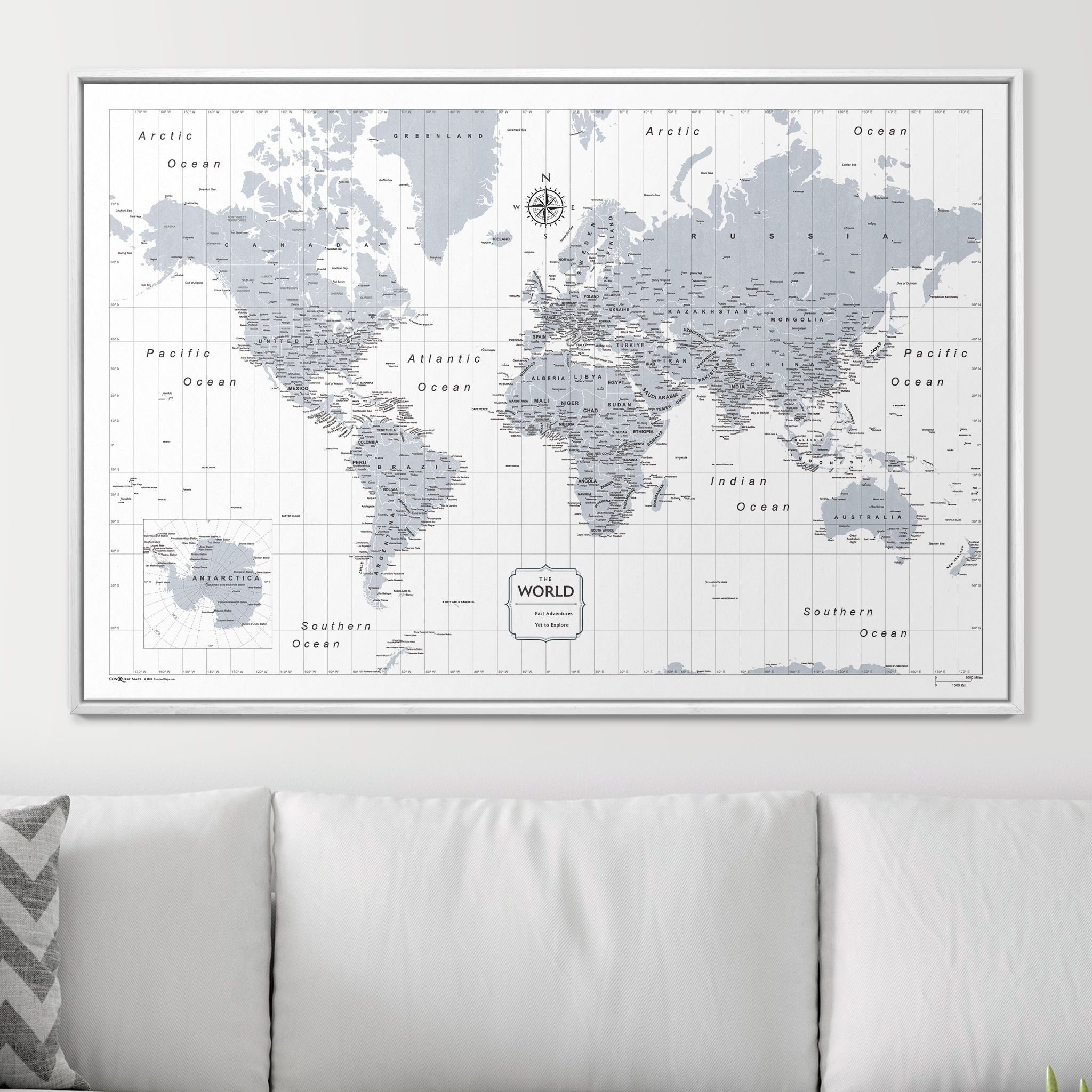 Push Pin World Map - Light Gray Color Splash CM Pin Board
