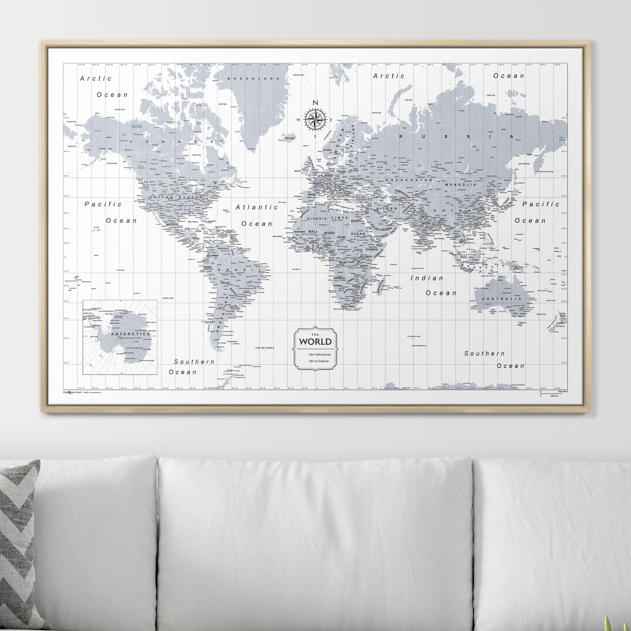 Push Pin World Map - Light Gray Color Splash CM Pin Board