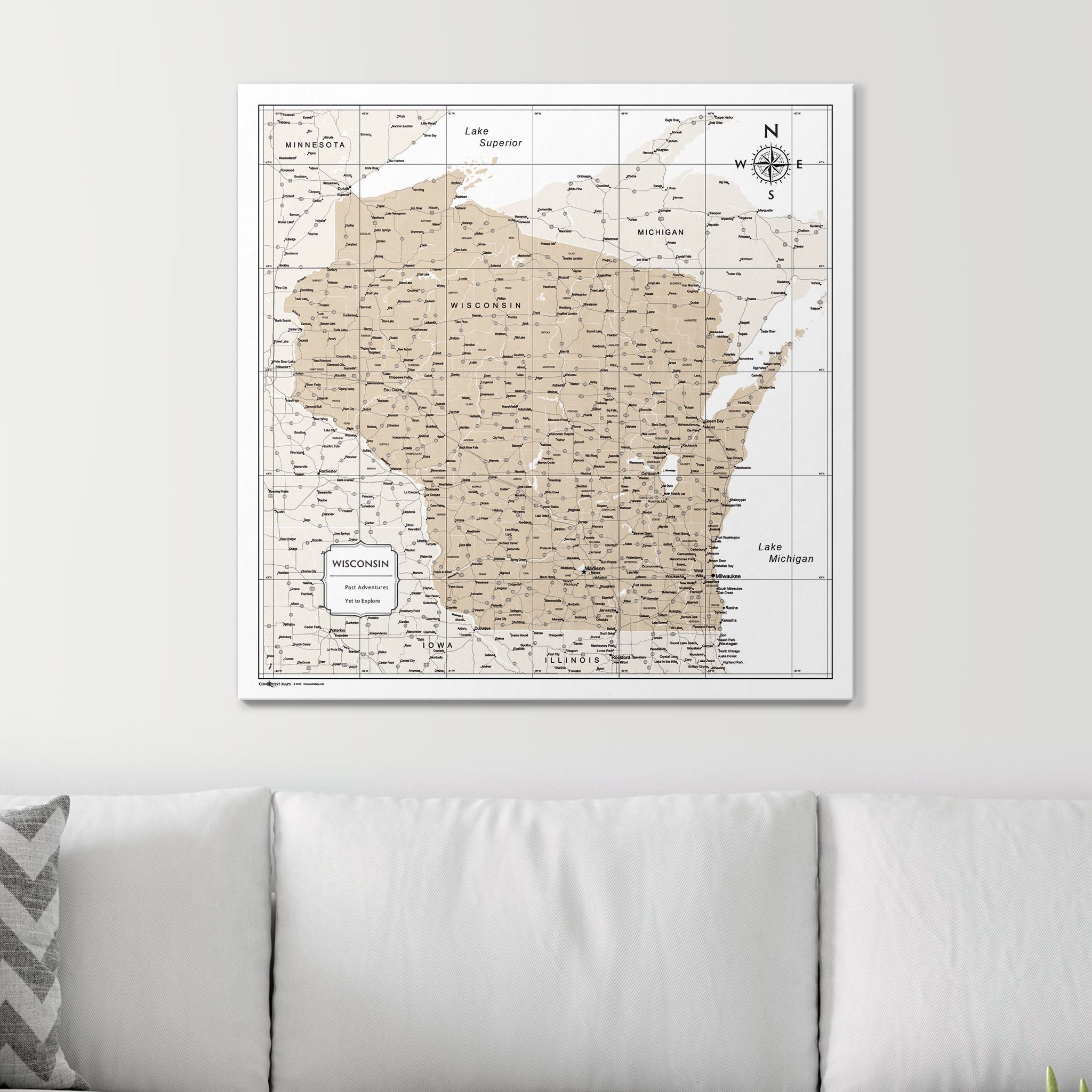 Push Pin Wisconsin Map (Pin Board) - Light Brown Color Splash CM Pin Board