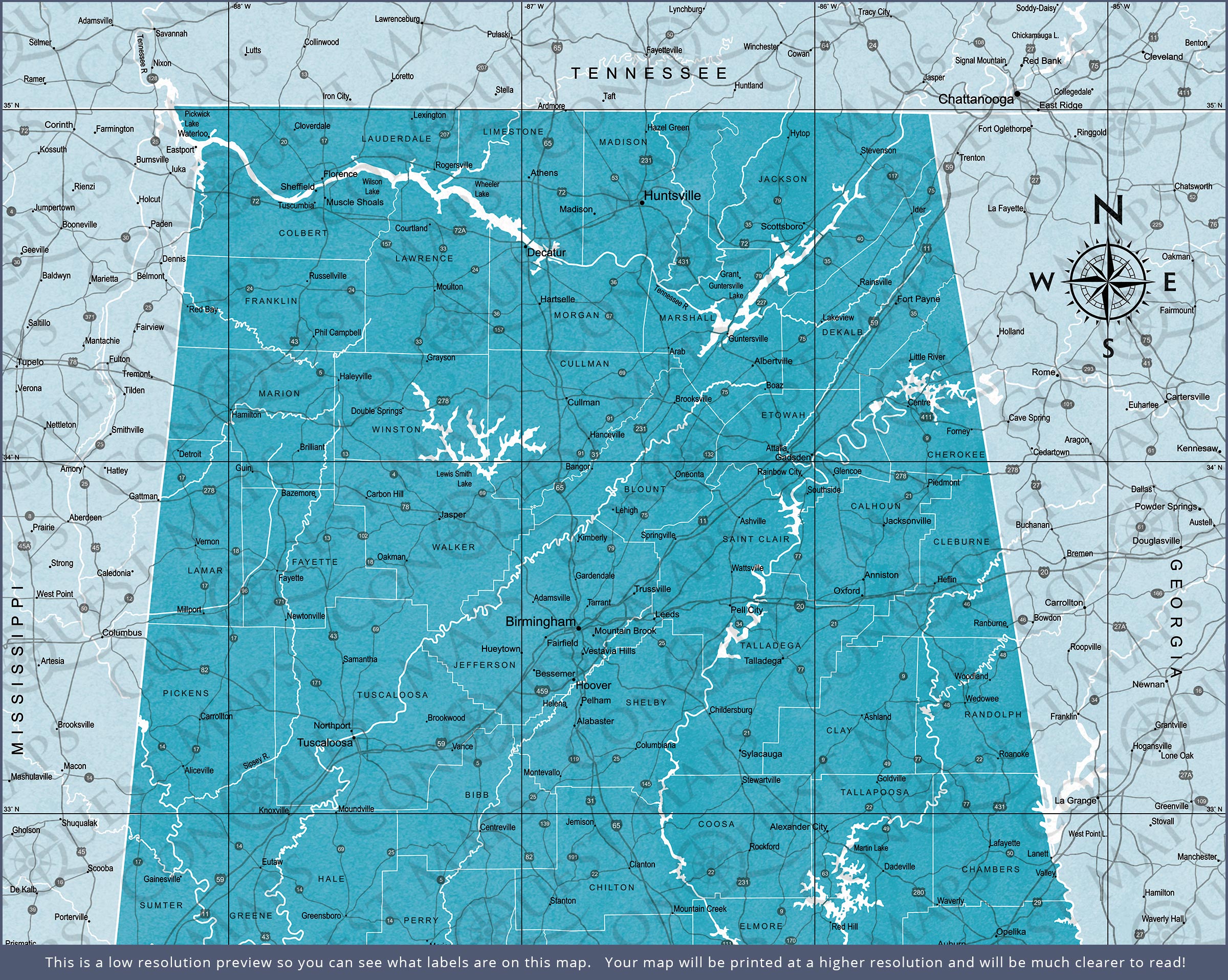 Push Pin Alabama Map (Pin Board) - Teal Color Splash CM Pin Board