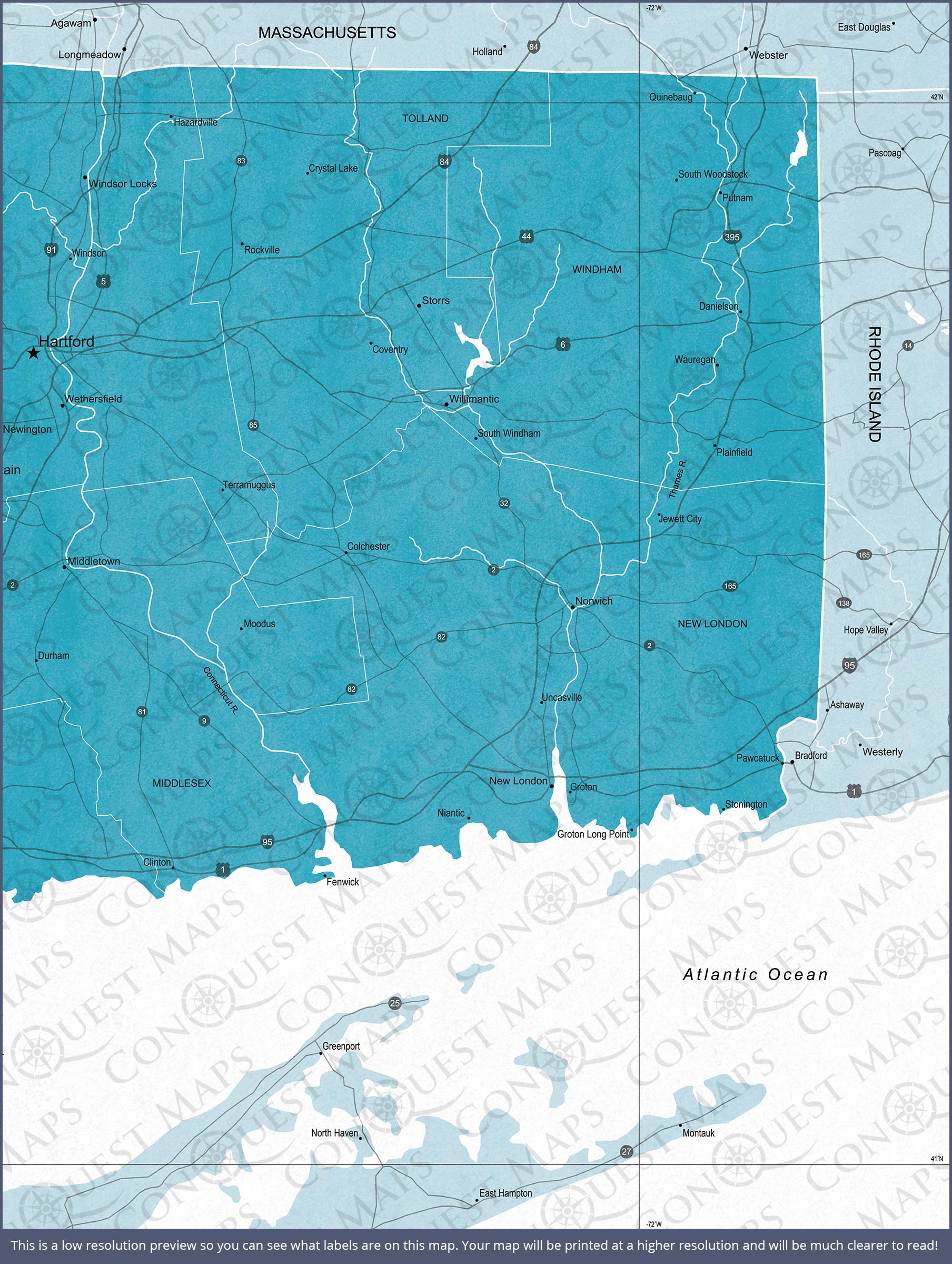 Push Pin Connecticut Map (Pin Board) - Teal Color Splash CM Pin Board