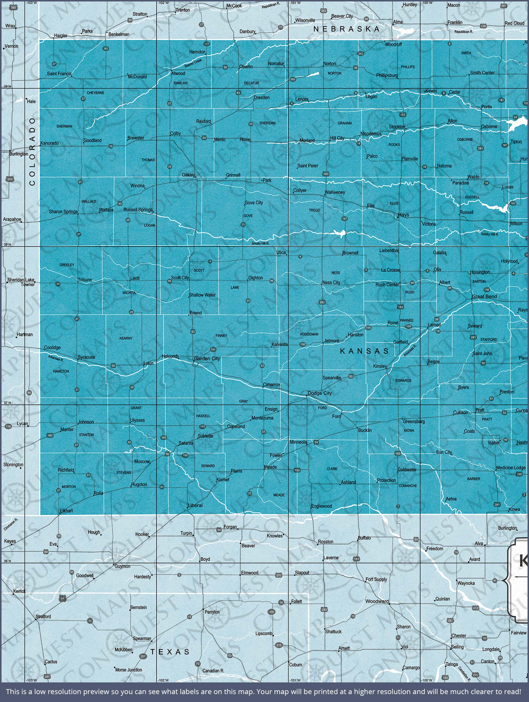 Push Pin Kansas Map (Pin Board) - Teal Color Splash CM Pin Board