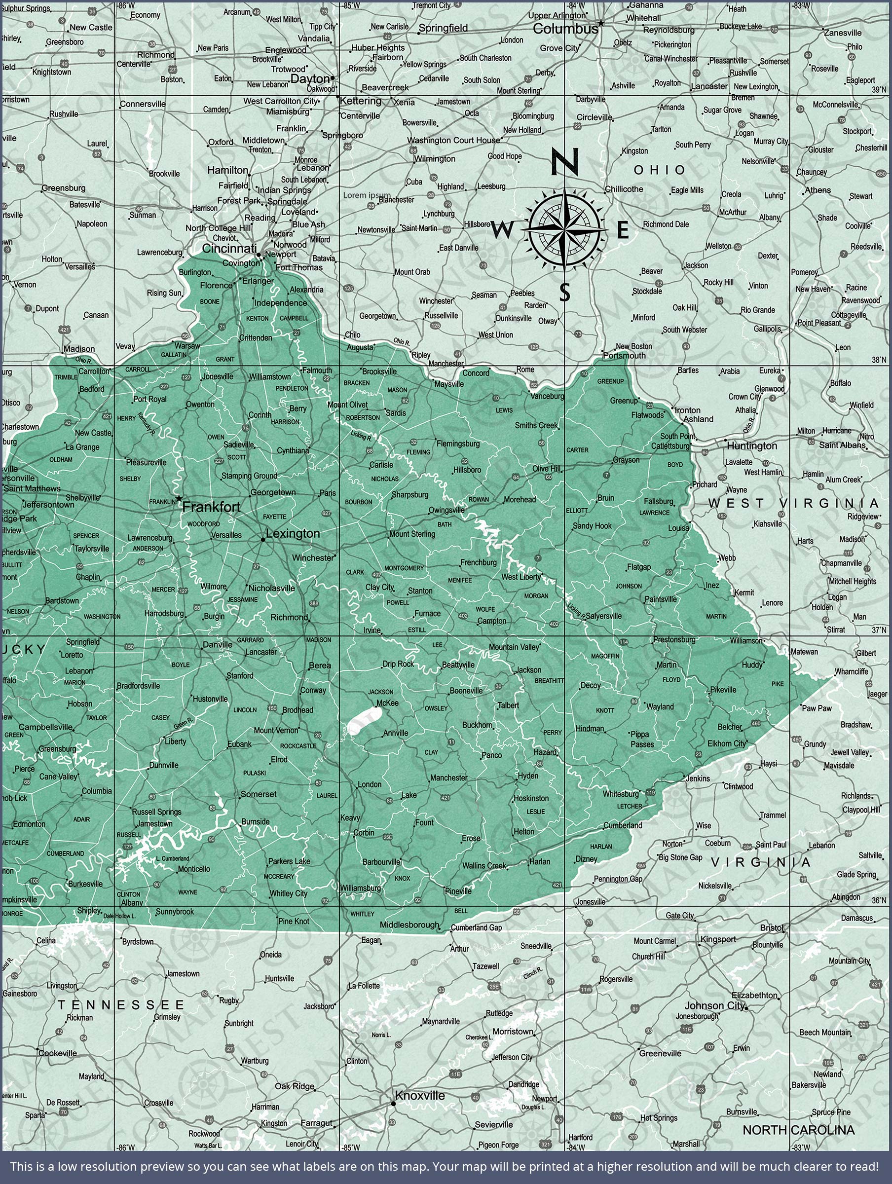 Push Pin Kentucky Map (Pin Board) - Green Color Splash CM Pin Board