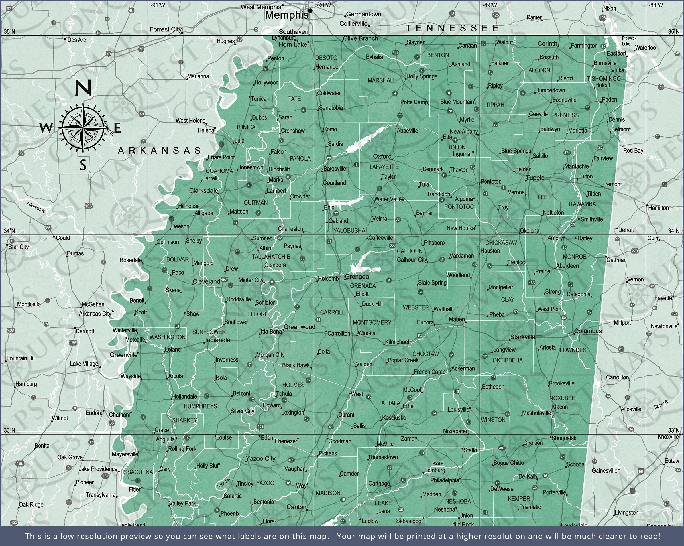 Push Pin Mississippi Map (Pin Board) - Green Color Splash CM Pin Board