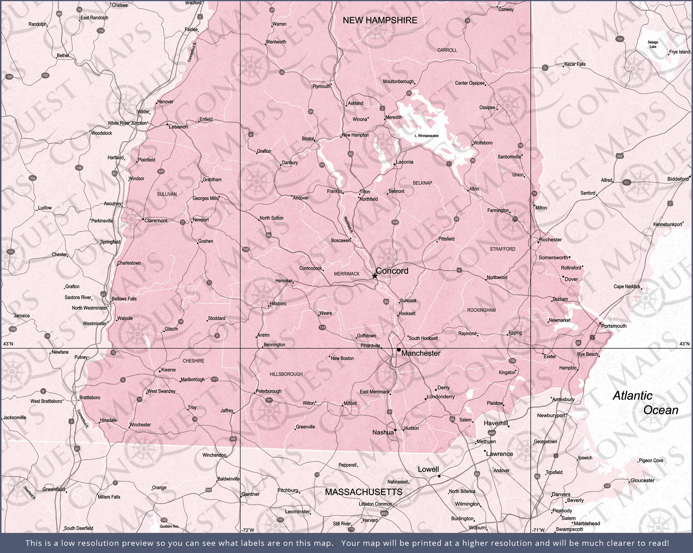 Push Pin New Hampshire Map (Pin Board) - Pink Color Splash CM Pin Board