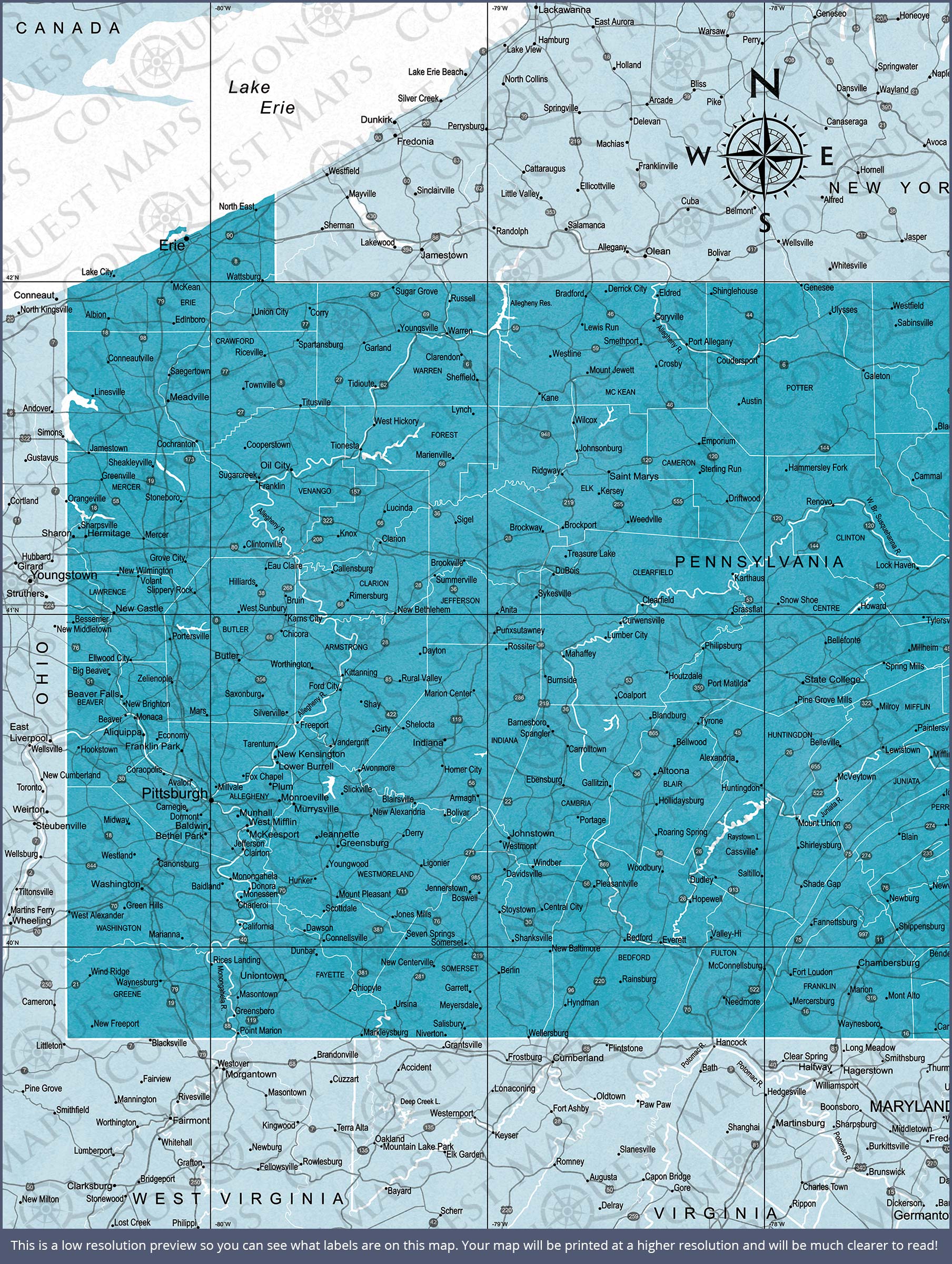 Push Pin Pennsylvania Map (Pin Board) - Teal Color Splash CM Pin Board