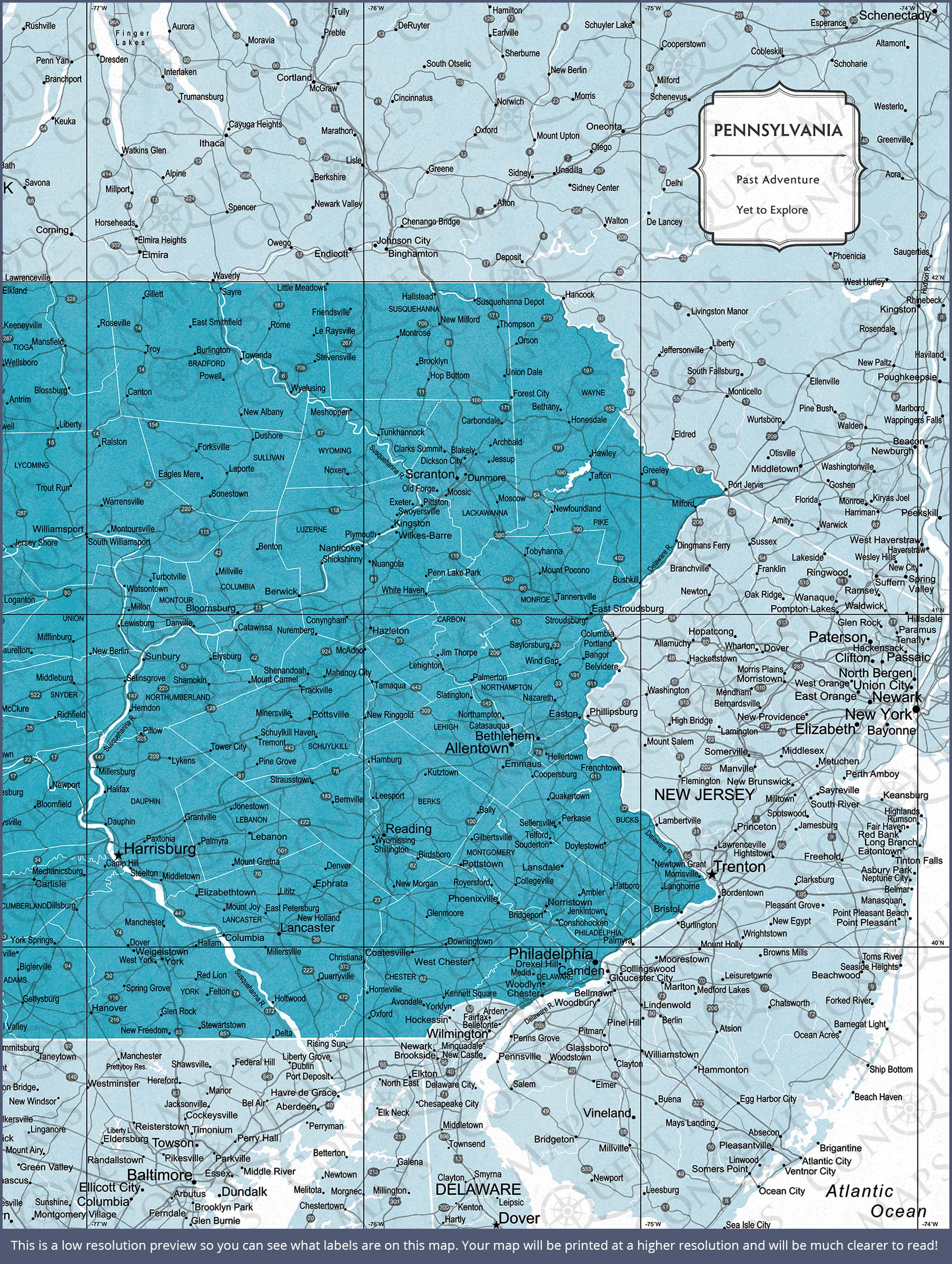 Push Pin Pennsylvania Map (Pin Board) - Teal Color Splash CM Pin Board