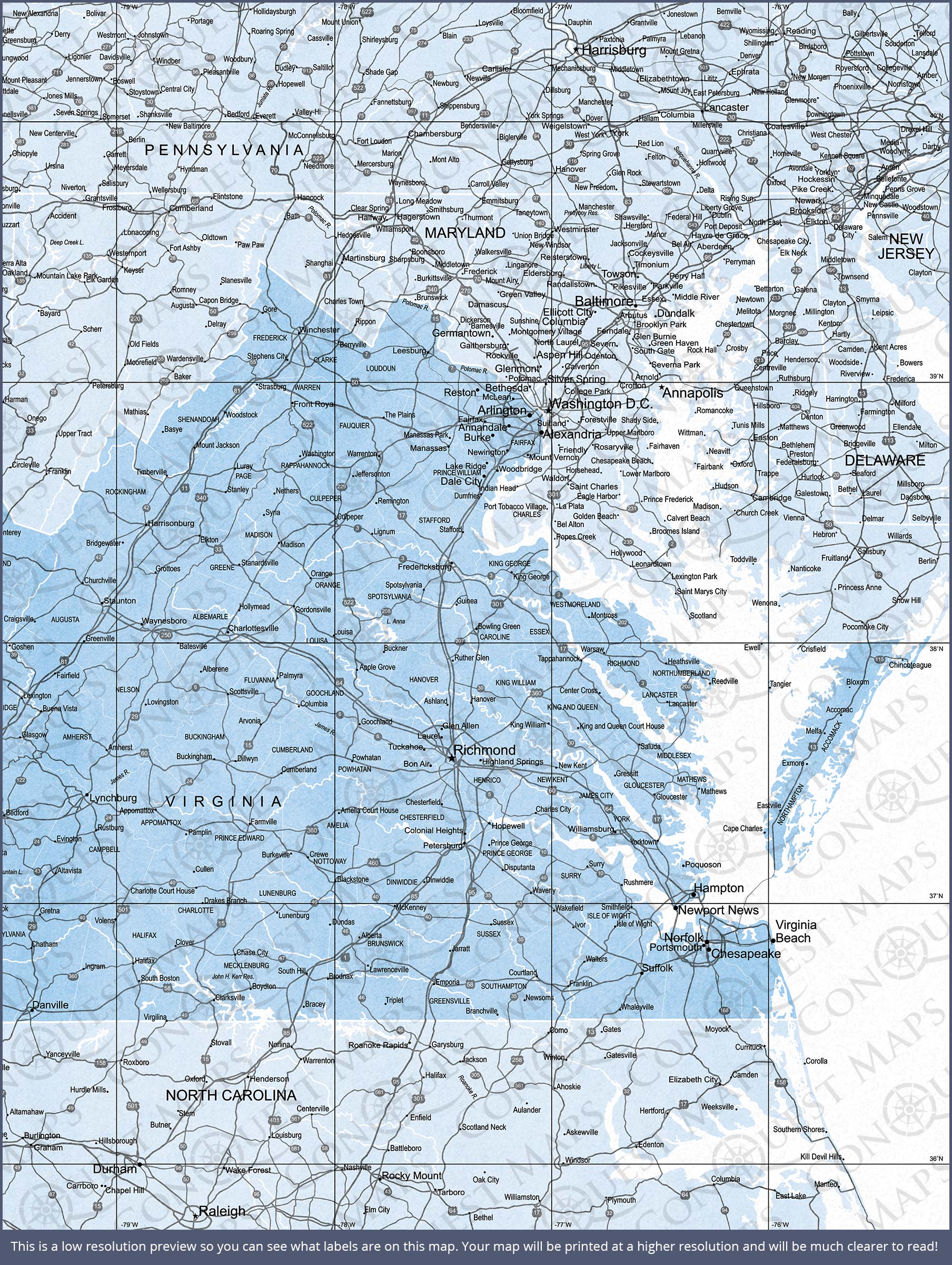 Push Pin Virginia Map (Pin Board) - Light Blue Color Splash CM Pin Board