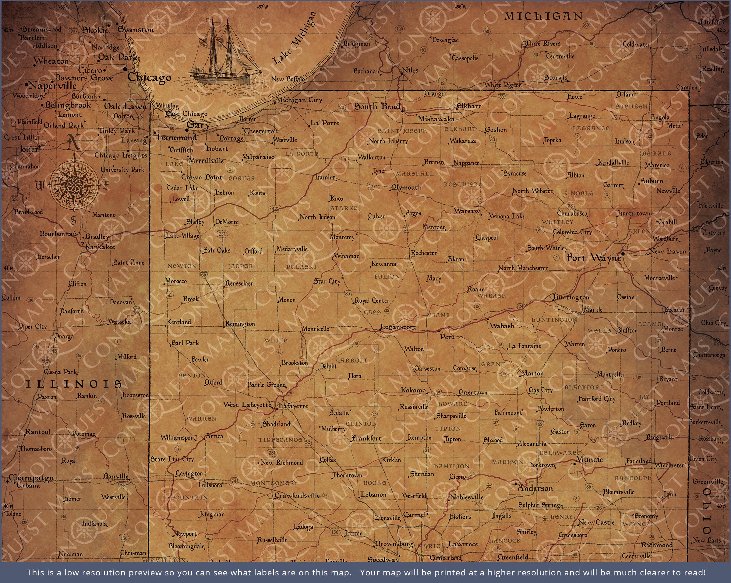 Push Pin Indiana Map (Pin Board) - Golden Aged CM Pin Board