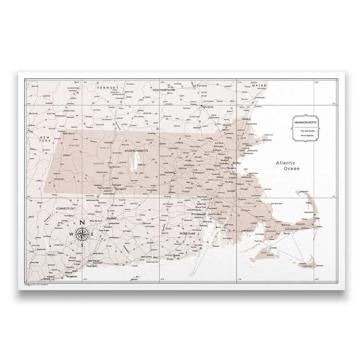 Push Pin Massachusetts Map (Pin Board) - Light Brown Color Splash CM Pin Board