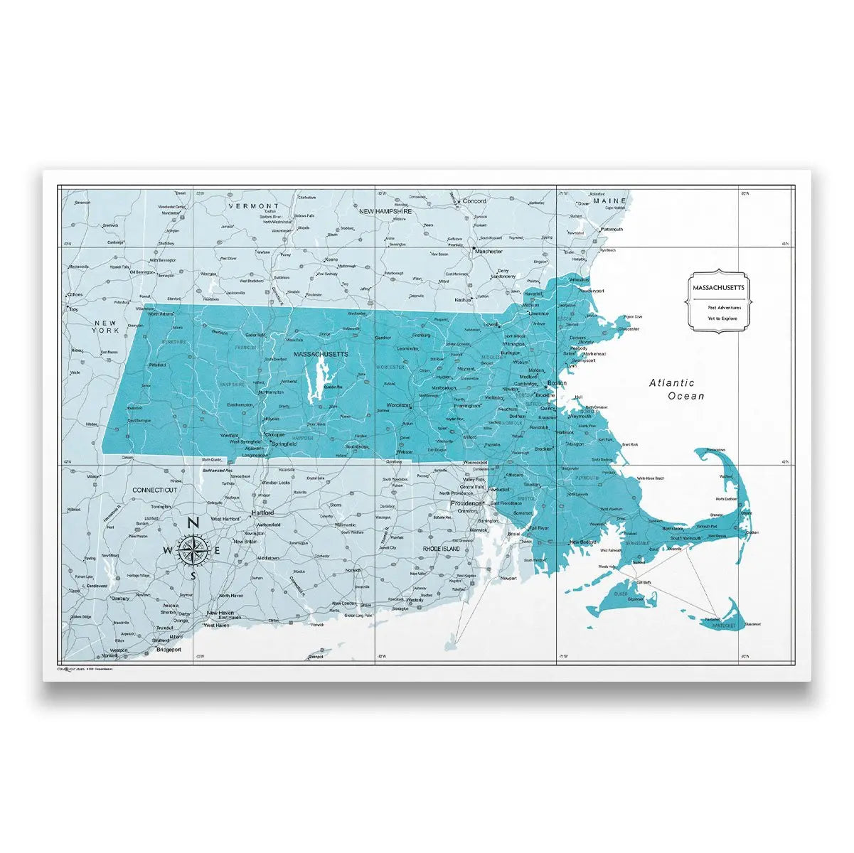 Push Pin Massachusetts Map (Pin Board) - Teal Color Splash CM Pin Board