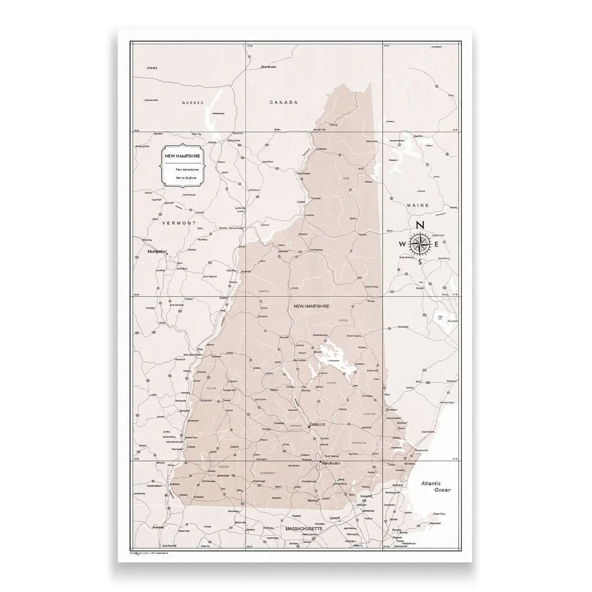 Push Pin New Hampshire Map (Pin Board) - Light Brown Color Splash CM Pin Board