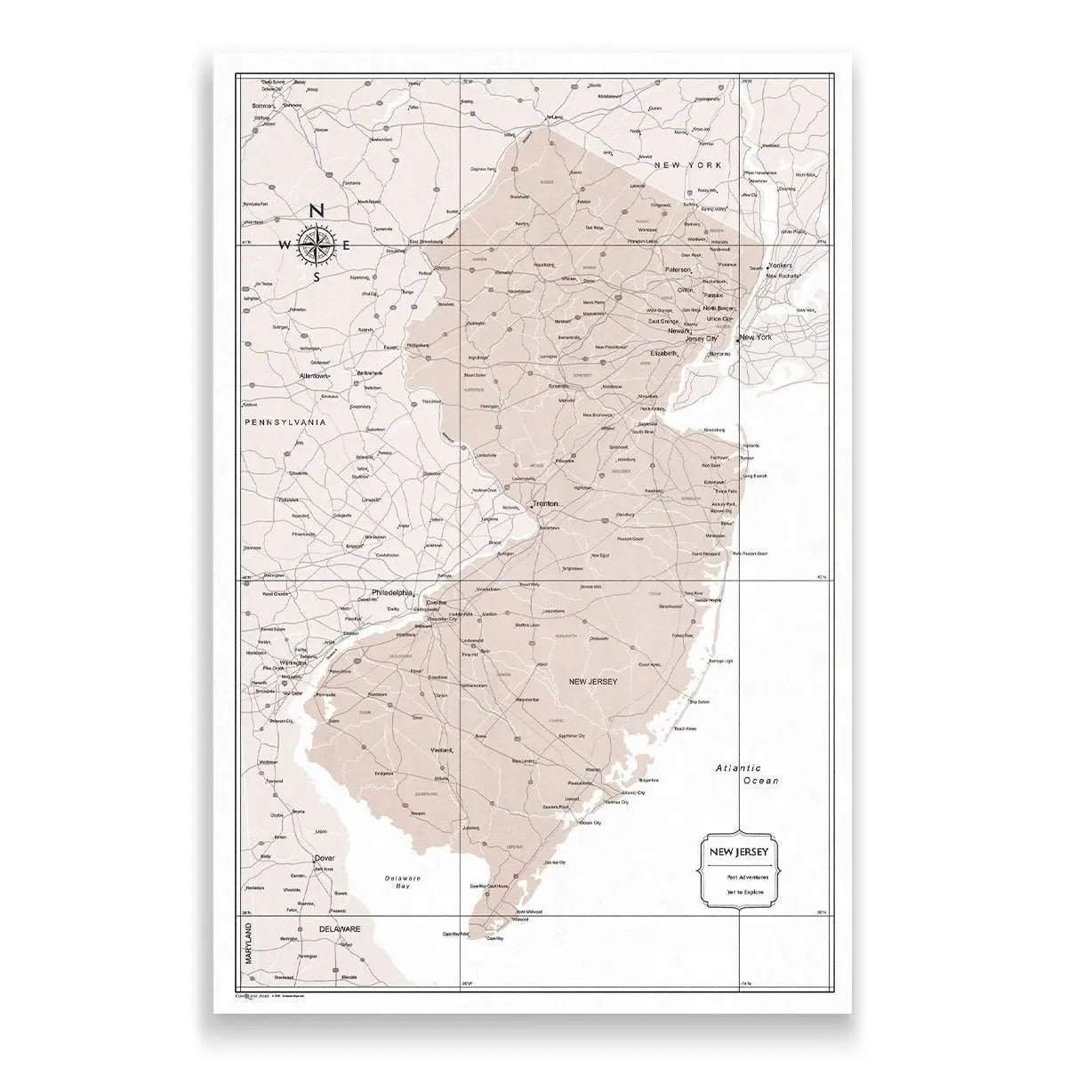 Push Pin New Jersey Map (Pin Board) - Light Brown Color Splash CM Pin Board