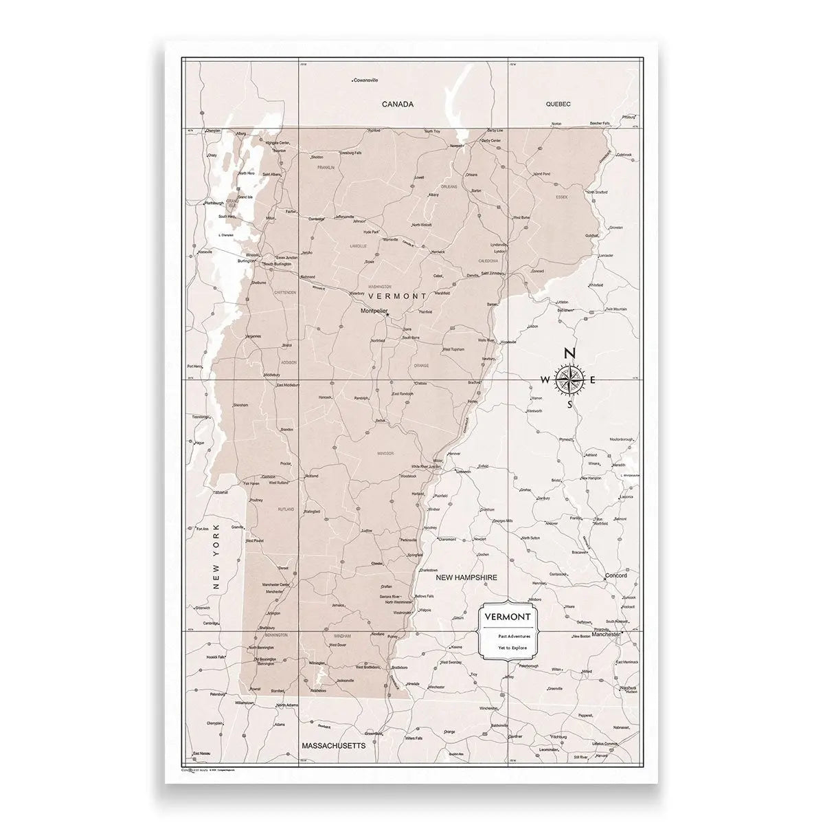 Push Pin Vermont Map (Pin Board) - Light Brown Color Splash CM Pin Board