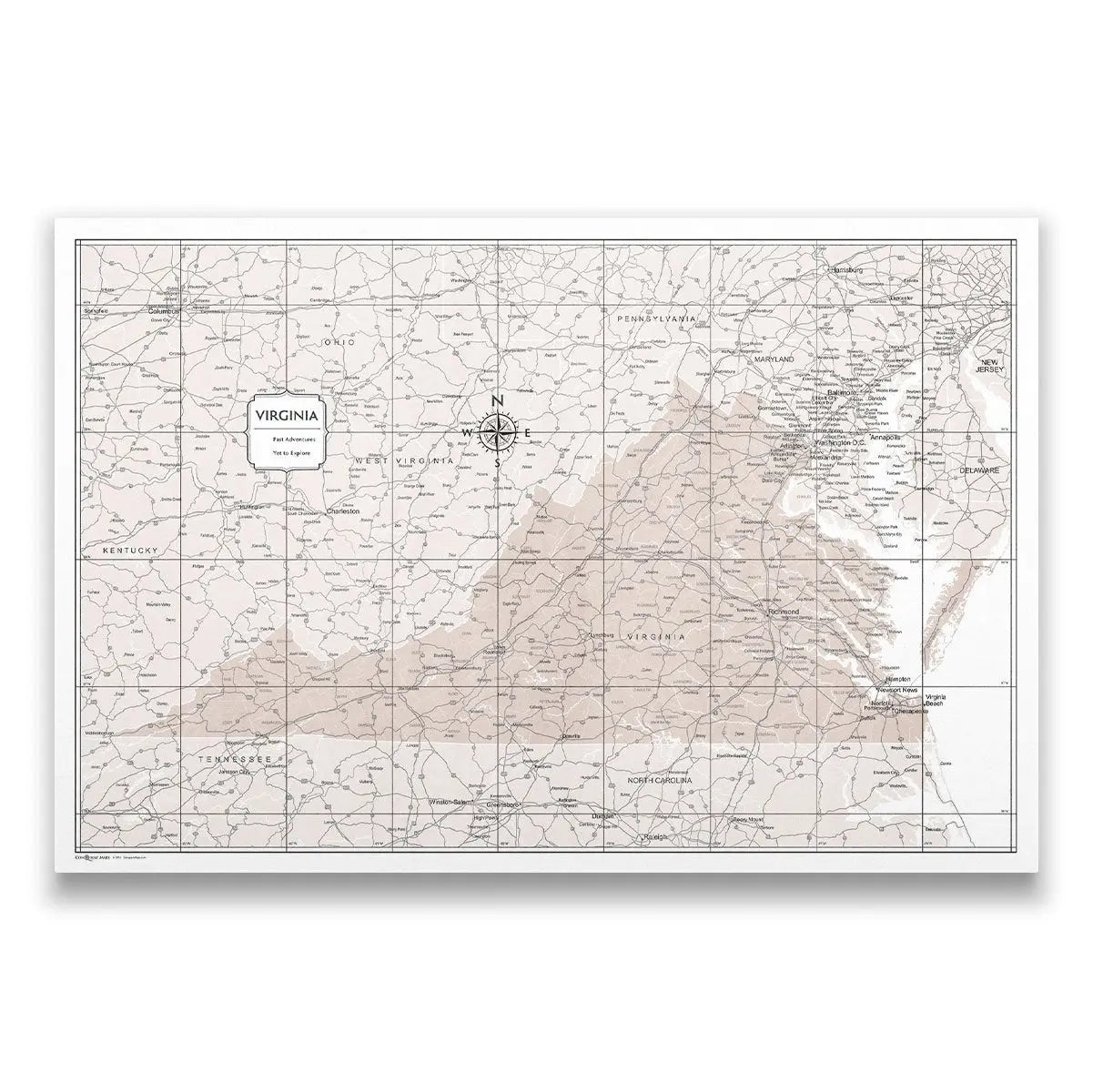 Push Pin Virginia Map (Pin Board) - Light Brown Color Splash CM Pin Board