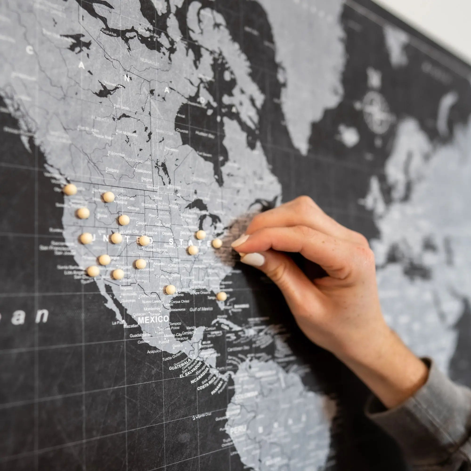 Push Pin World Map - Modern Slate CM Pin Board