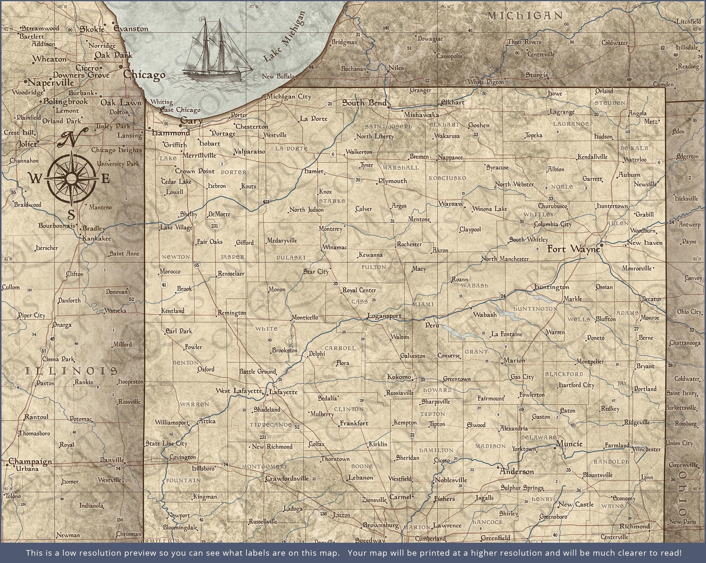 Push Pin Indiana Map (Pin Board) - Rustic Vintage CM Pin Board