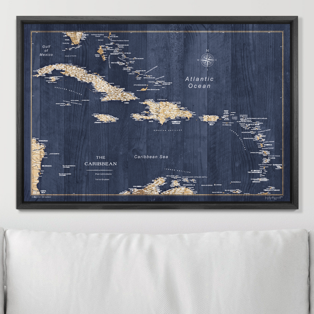 Caribbean Travel Map Pin Board with Push Pins: Modern Slate