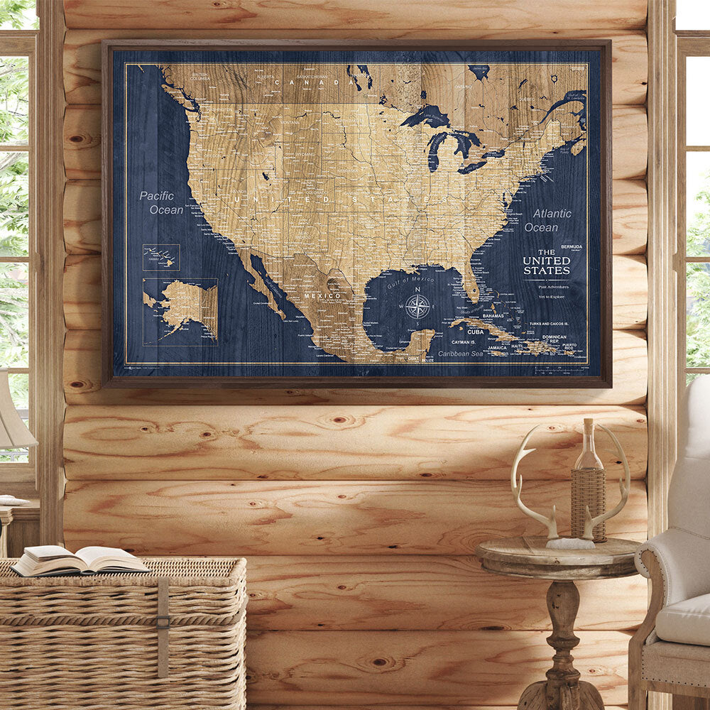 Push Pin USA Map Pin Board - Deep-Sea Drift - Pins Included! CM Pin Board