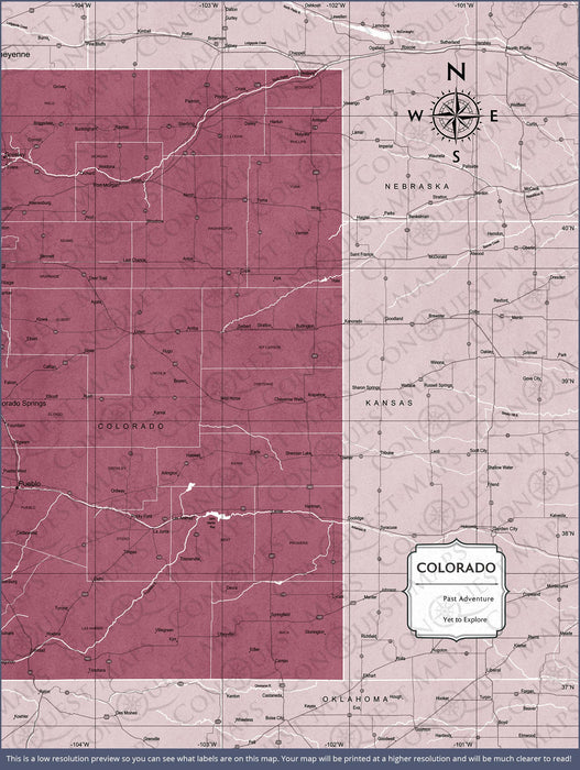 Colorado Map Poster - Burgundy Color Splash CM Pin Board
