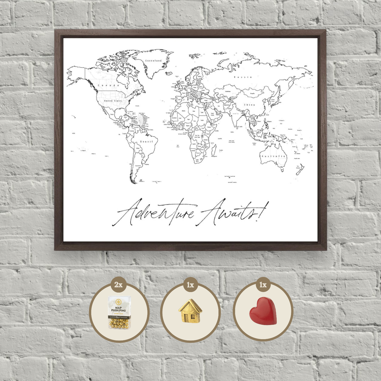 Fine Line Push Pin World Mini Map Gift Bundle