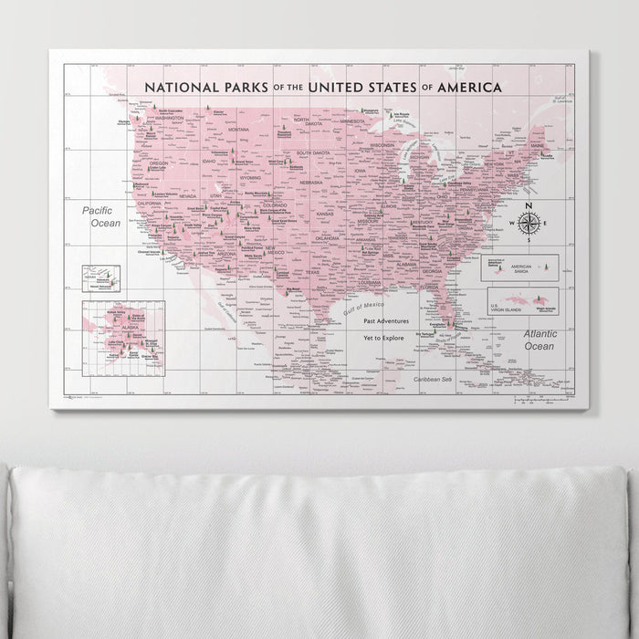 National Parks Push Pin Travel Map (Pin Board) - Pink Color Splash