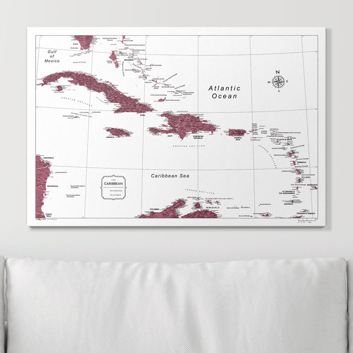Push Pin Caribbean Map (Pin Board) - Burgundy Color Splash