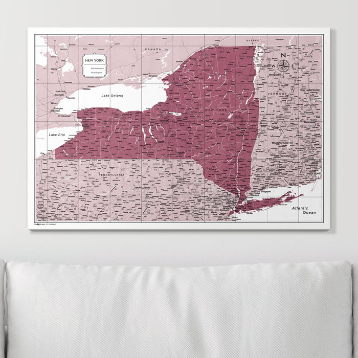 Push Pin New York Map (Pin Board) - Burgundy Color Splash