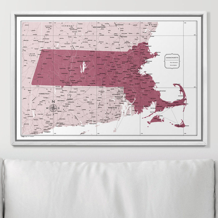 Push Pin Massachusetts Map (Pin Board) - Burgundy Color Splash