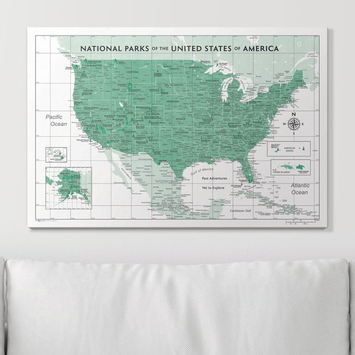 National Parks Push Pin Travel Map (Pin Board) - Green Color Splash