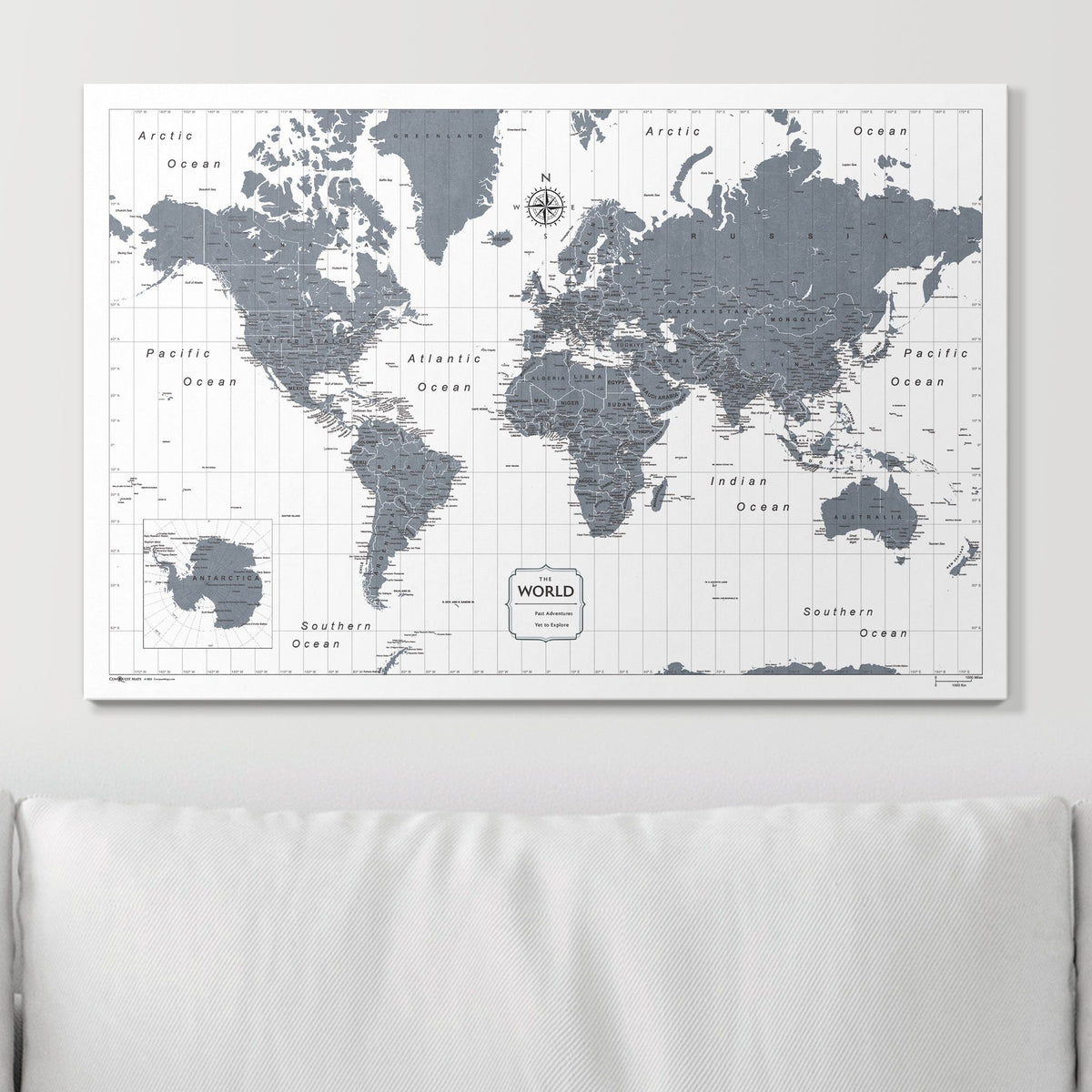 Map Pin Gray World Travel Map Pin Board with Push Pins: Dark Gray Color Splash