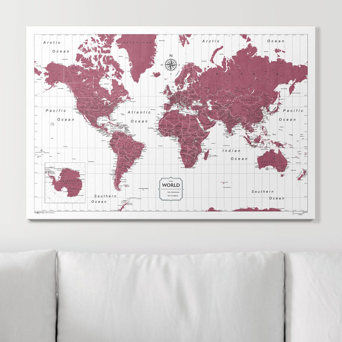 Push Pin World Map (Pin Board) - Burgundy Color Splash CM Pin Board