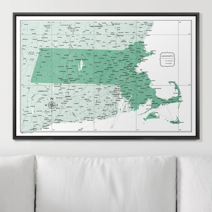 Push Pin Massachusetts Map (Pin Board) - Green Color Splash