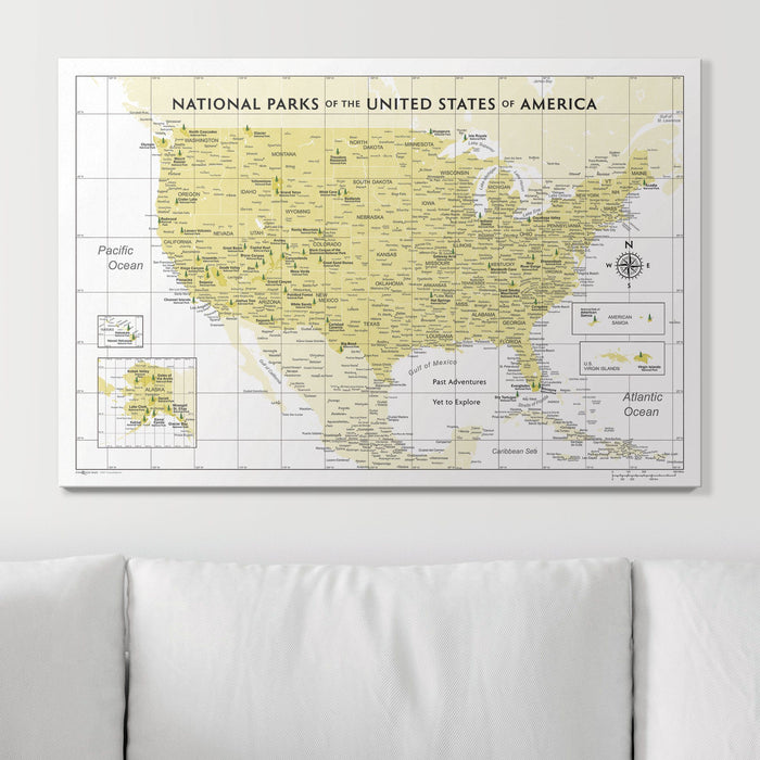 National Parks Push Pin Travel Map (Pin Board) - Yellow Color Splash