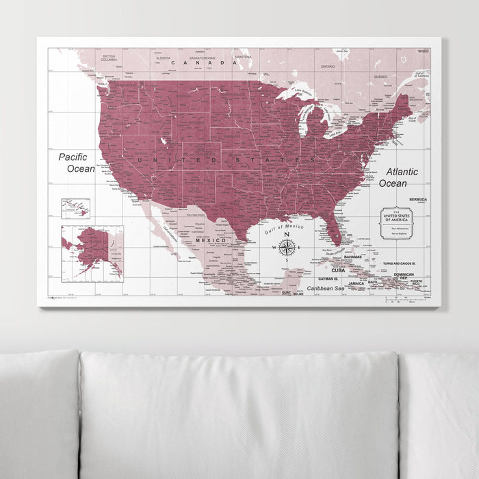 Push Pin USA Map (Pin Board) - Burgundy Color Splash