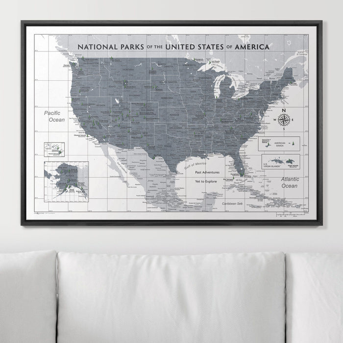 National Parks Push Pin Travel Map (Pin Board) - Dark Gray Color Splash