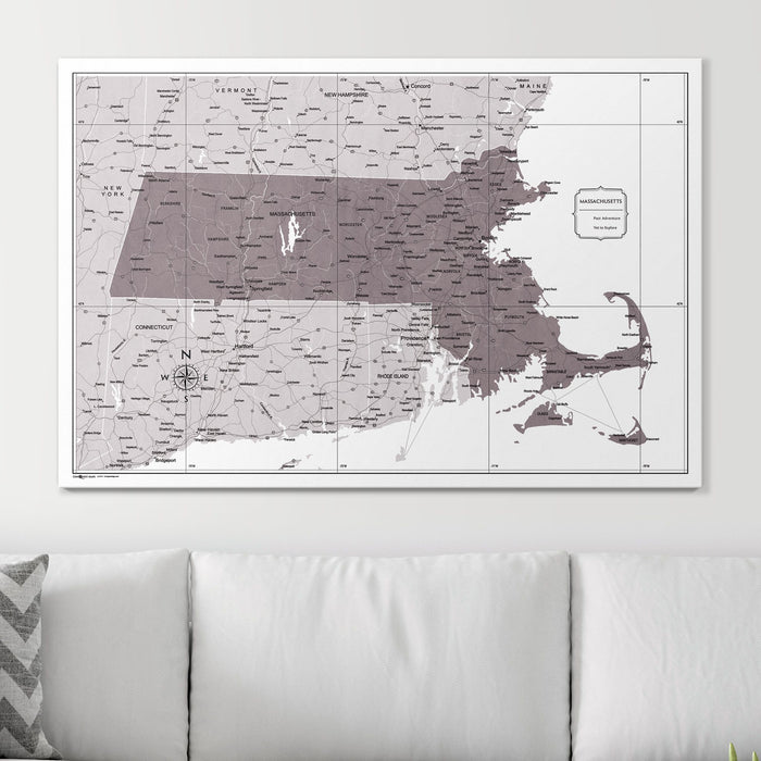 Push Pin Massachusetts Map (Pin Board) - Dark Brown Color Splash