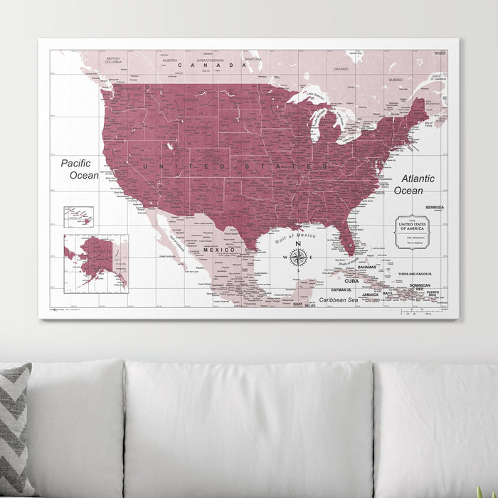 Push Pin USA Map (Pin Board) - Burgundy Color Splash