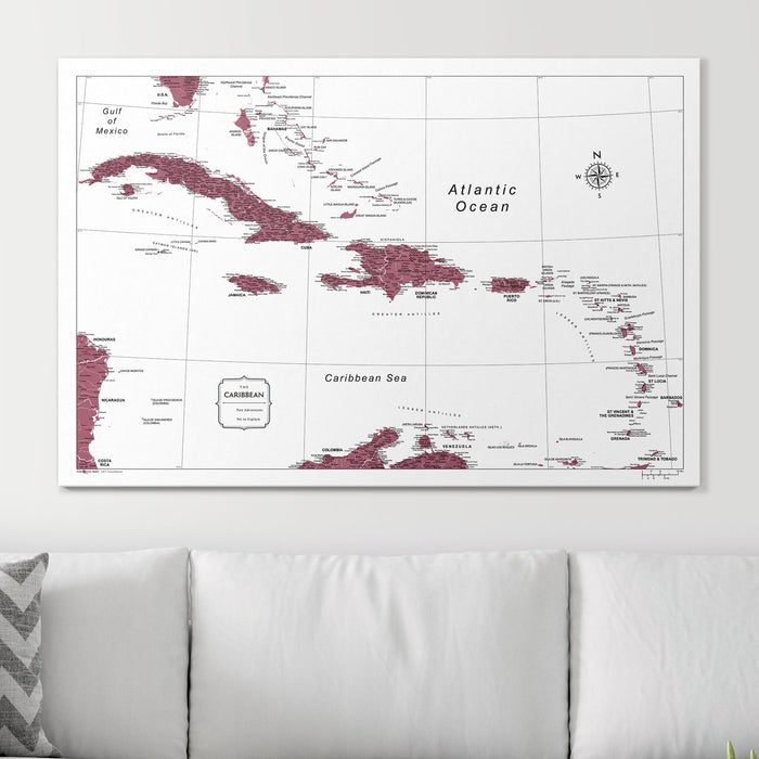 Push Pin Caribbean Map (Pin Board) - Burgundy Color Splash