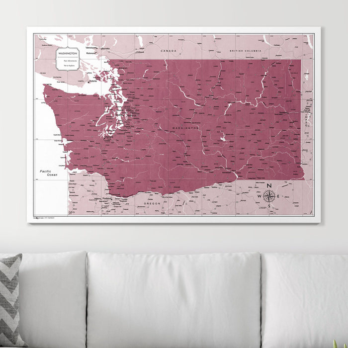 Push Pin Washington Map (Pin Board) - Burgundy Color Splash