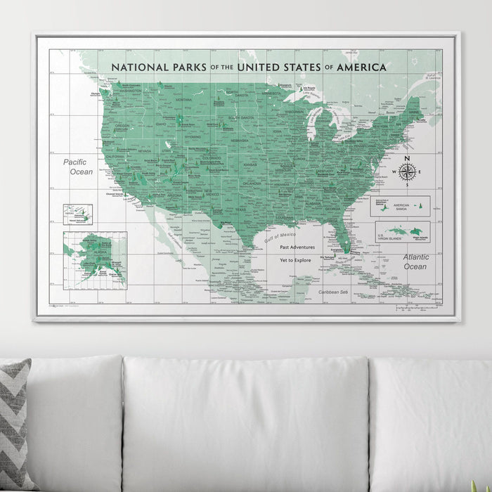 National Parks Push Pin Travel Map (Pin Board) - Green Color Splash