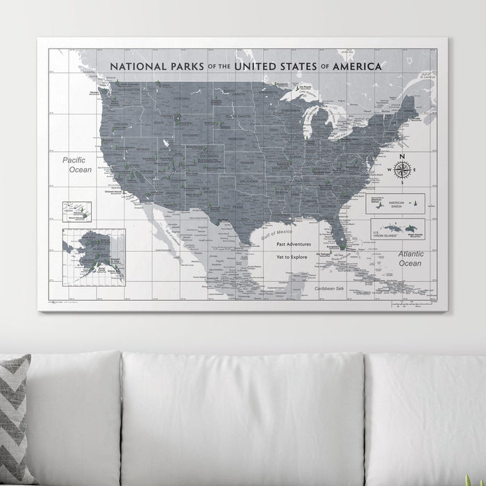 National Parks Push Pin Travel Map (Pin Board) - Dark Gray Color Splash
