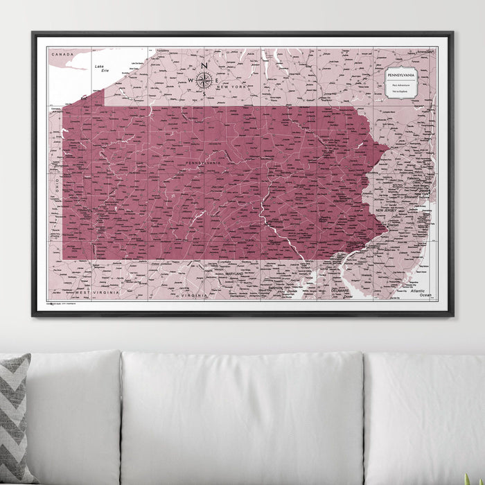 Push Pin Pennsylvania Map (Pin Board) - Burgundy Color Splash